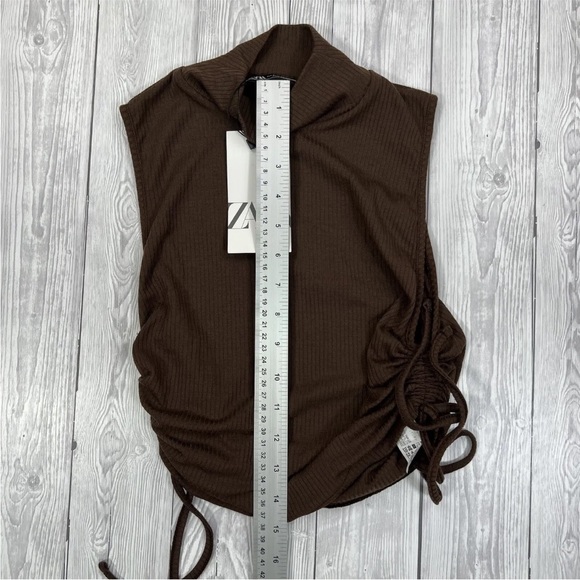 Zara Womens Top Brown UK S Sleeveless Ruched Adjustable Sides Ribbed High Neck - Picture 14 of 16